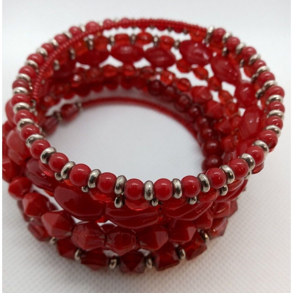 Vintage Beaded Red Bracelet Red Seed Bead Memory Wire Cuff Boho Beauty EUC